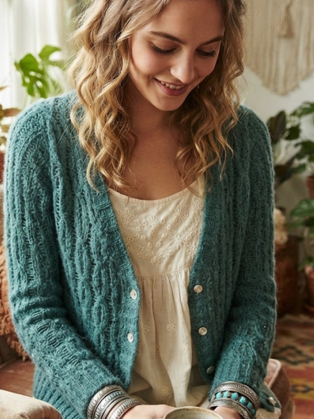 Kimchi Blue Teal Open Knit Button Cardigan V-Neck Size M